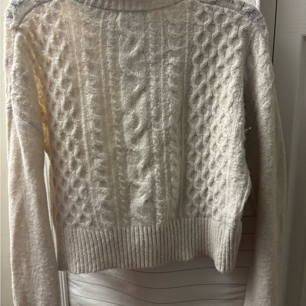 Pink Rose Cable Knit Turtleneck Sweater - Cream